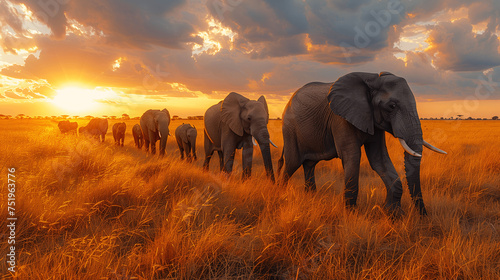 Herd of Elephants Walking in Savannah at Sunset