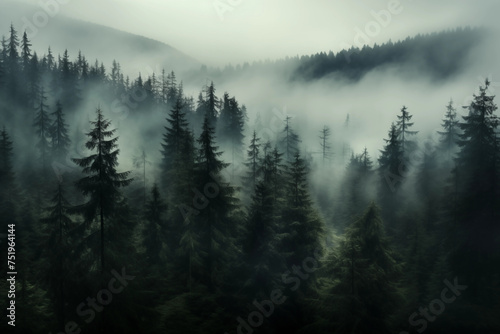 Misty landscape with fir forest in hipster vintage retro style © areef