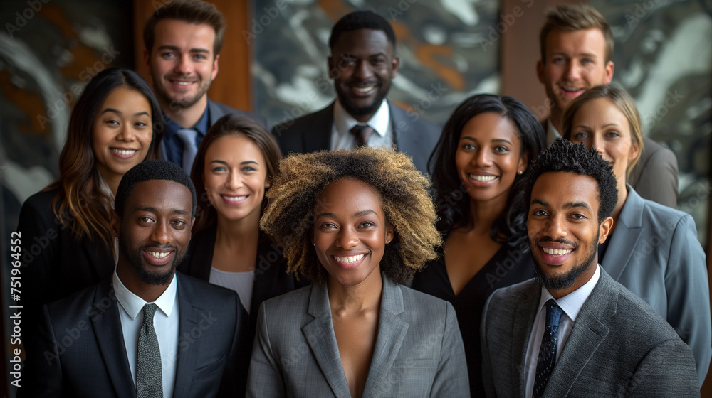 A group of people fully dressed in business attire smiling towards the camera A group of people fully dressed in business attire smiling towards the camera