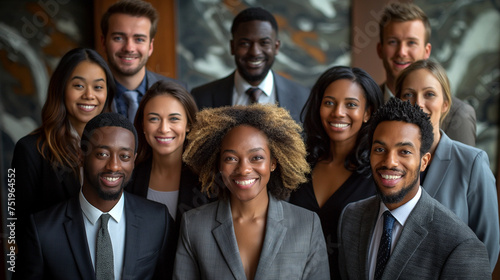 A group of people fully dressed in business attire smiling towards the camera