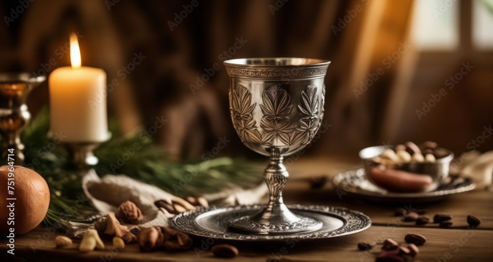  Elegant still life with candle, goblet, and nuts on a rustic table
