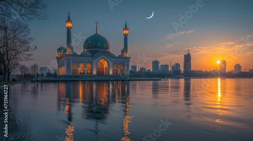 The Ramadan mosque under the star and crescent sky 