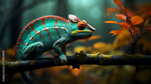 A picture of lonely hameleon on a branch of tree in jungle