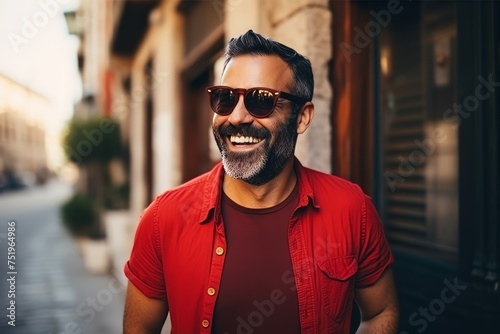 Portrait of a smiling bearded man with sunglasses in the city.