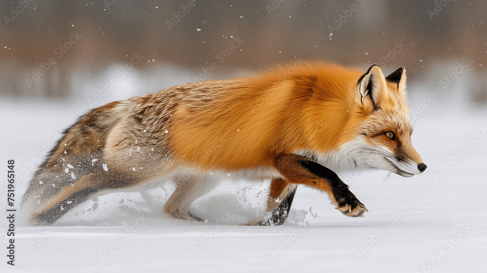 Obraz premium Red Fox Hunting in Snowy Terrain
