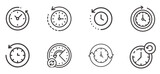 Time in reverse icons set. Back and return symbol. Clock sign with arrow. Vector illustration in outline style. Back in time