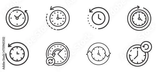 Time in reverse icons set. Back and return symbol. Clock sign with arrow. Vector illustration in outline style. Back in time