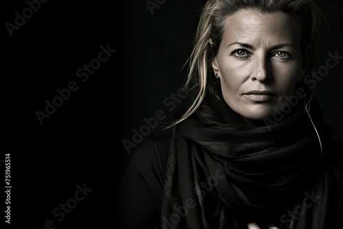 Portrait of a beautiful woman in a black scarf on a black background