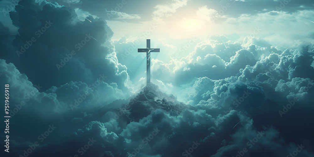 Good friday ash wednesday cross god Christian cross appears bright in the sky.AI Generative - obrazy, fototapety, plakaty 