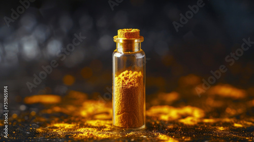 A small vial of bright yellow turmeric powder. Turmeric is a powerful antiinflammatory and is often used in herbal remedies to aid joint pain and promote overall wellness.