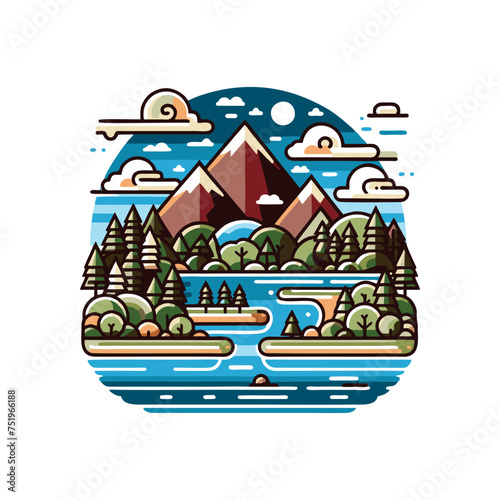 Nature Illustration Logo Vector Art With Mountain, Lake, Forest, Cloud Sky, Mountain Logo