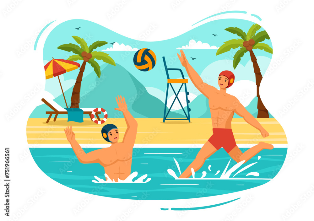 Water Polo Sport Vector Illustration with Player Playing to Throw the Ball on the Opponent's Goal in the Swimming Pool in Flat Cartoon Background