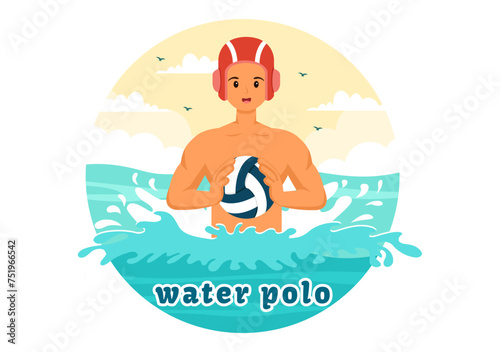 Water Polo Sport Vector Illustration with Player Playing to Throw the Ball on the Opponent's Goal in the Swimming Pool in Flat Cartoon Background