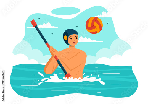 Water Polo Sport Vector Illustration with Player Playing to Throw the Ball on the Opponent's Goal in the Swimming Pool in Flat Cartoon Background