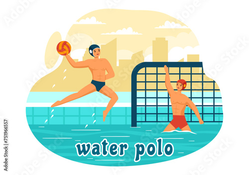 Water Polo Sport Vector Illustration with Player Playing to Throw the Ball on the Opponent's Goal in the Swimming Pool in Flat Cartoon Background