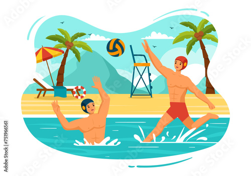 Water Polo Sport Vector Illustration with Player Playing to Throw the Ball on the Opponent's Goal in the Swimming Pool in Flat Cartoon Background
