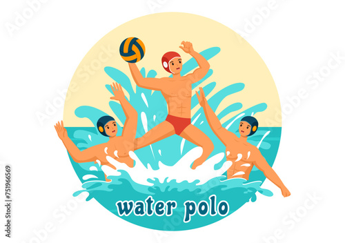 Water Polo Sport Vector Illustration with Player Playing to Throw the Ball on the Opponent's Goal in the Swimming Pool in Flat Cartoon Background