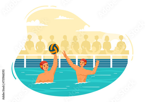 Water Polo Sport Vector Illustration with Player Playing to Throw the Ball on the Opponent's Goal in the Swimming Pool in Flat Cartoon Background