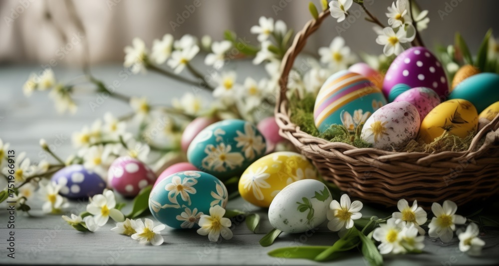 Easter joy in a basket of colorful eggs and flowers Easter joy in a basket of colorful eggs and flowers