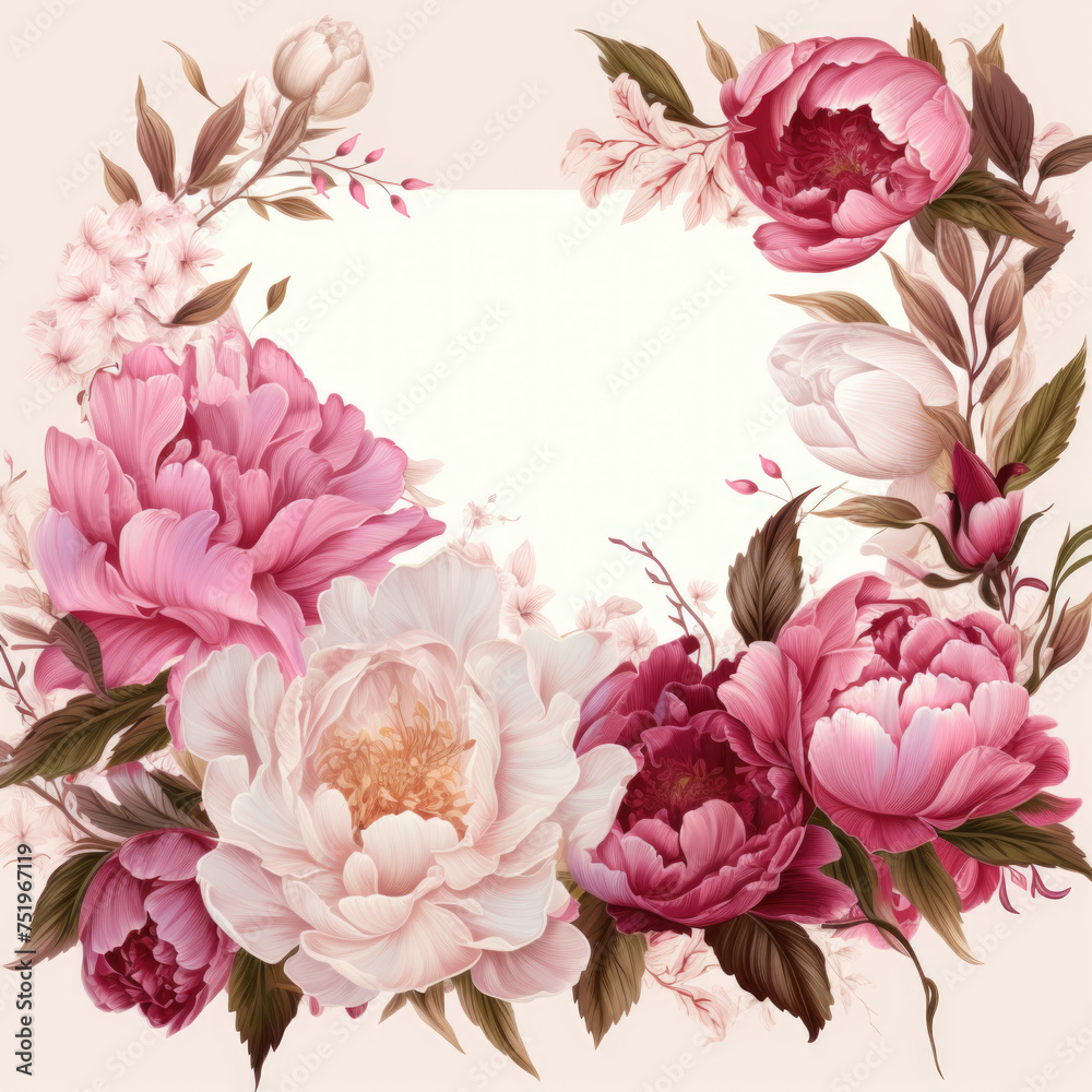 Peonies frame border for wedding invitation