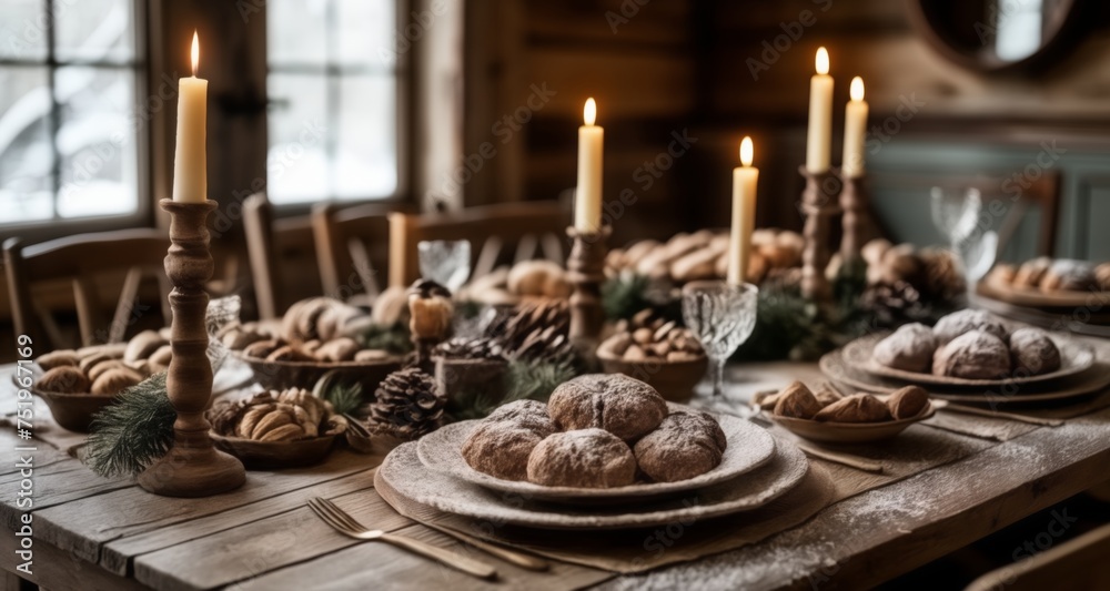 Cozy Christmas feast setting with warm candlelight and festive treats Cozy Christmas feast setting with warm candlelight and festive treats
