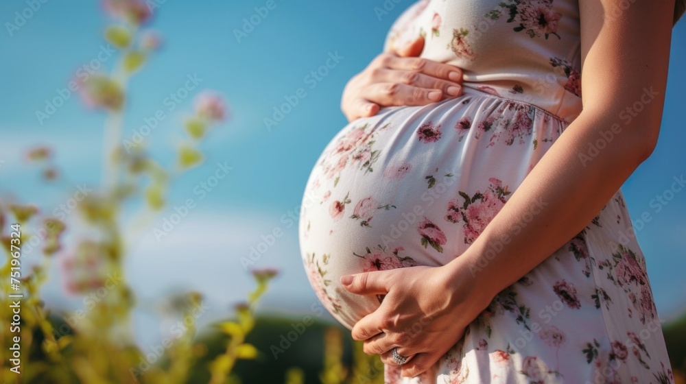 Woman pregnant holding bump at green garden - obrazy, fototapety, plakaty 