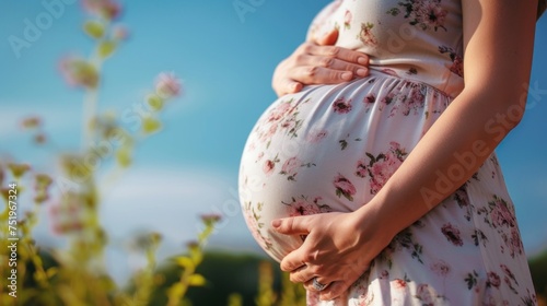 Woman pregnant holding bump at green garden