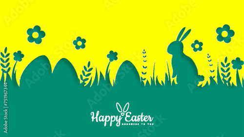 Easter featuring rabbits and Easter eggs. Horizontal Easter background with rabbits, flowers, and Easter eggs.