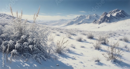  Snowy mountain landscape with frosted vegetation
