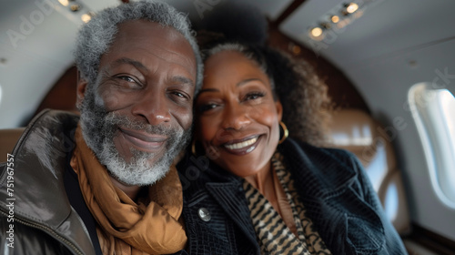 Smiling senior black couple in a private jet.