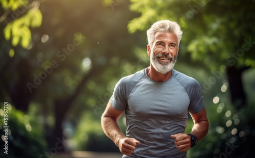 Happy man running in park with smile at garden and workout. Senior male, outdoor runner and motivation for fitness, energy and healthy exercise training.