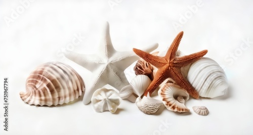  Sea-themed decor - Starfish and seashells on a white background