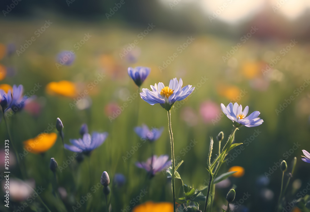 Wildflowers in bloom with soft focus, bathed in golden sunlight, depicting a tranquil meadow scene.