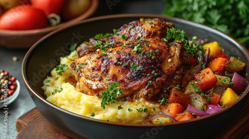 Chicken Achiote With Mashed Potatoes & Vegetables