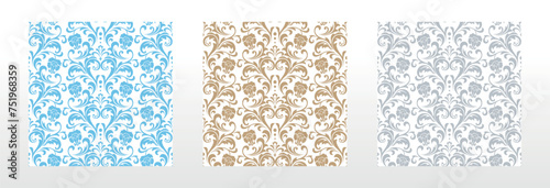 Wallpapers in the style of Baroque. Seamless vector backgrounds. Set of colored floral ornaments. Graphic patterns for fabric, wallpaper, packaging. Ornate Damask flower ornaments