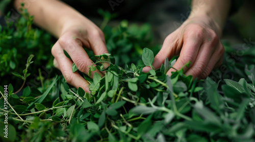 A closeup of a pair of hands snipping fresh leaves from a bundle of green herbs destined for use in a healing elixir.