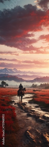 Sunset Journey - A Lone Rider Amidst Majestic Mountains and Fiery Skies