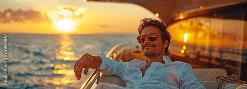a picture of a contented, wealthy young man relaxing at dusk on a boat