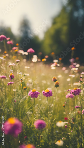 Wildflower meadow with vibrant purple flowers and lush greenery, shallow depth of field, natural background.