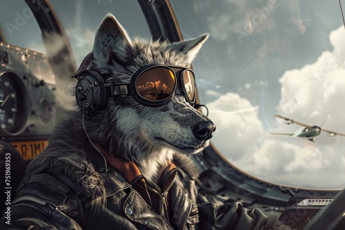 A cool scene in a cockpit with a wolf pilot wearing aviator sunglasses and a leather jacket confidently navigating the skies