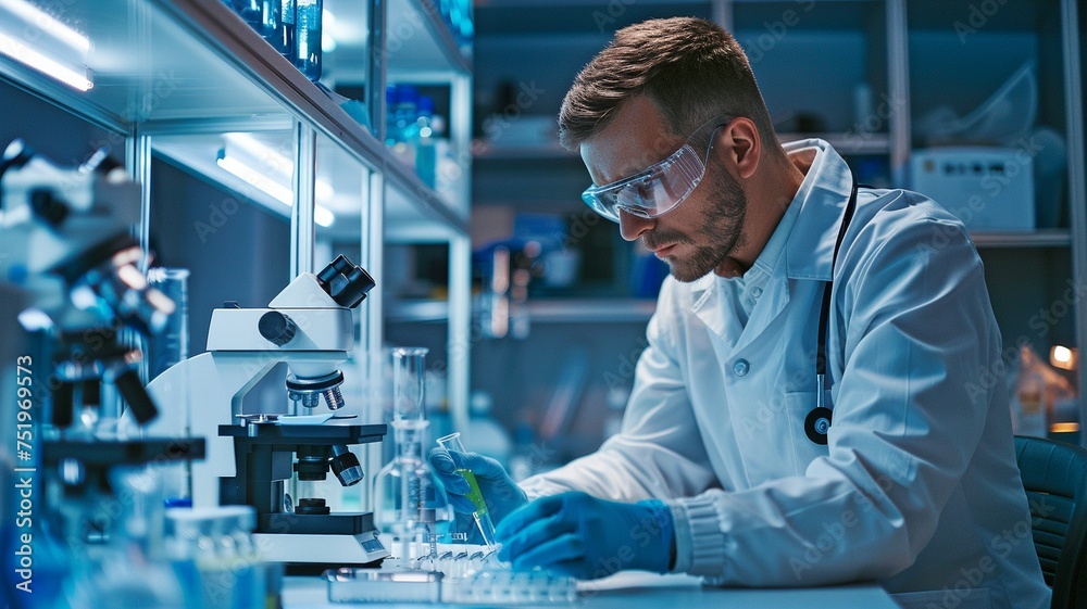A scientist conducting research in a lab. background in medical testing. A scientist conducting research in a lab. background in medical testing.