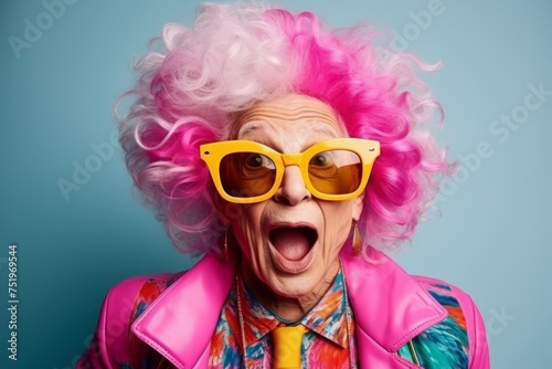 Funny senior woman with pink wig and yellow sunglasses. Studio shot.