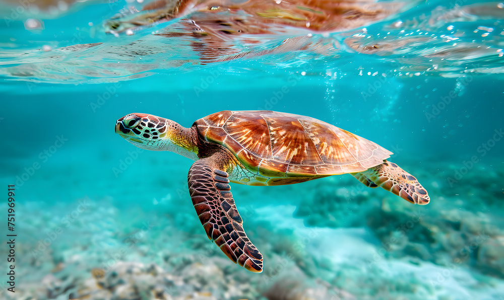 Fototapeta premium A sea turtle swims in the turquoise waters of the ocean, Generative AI 