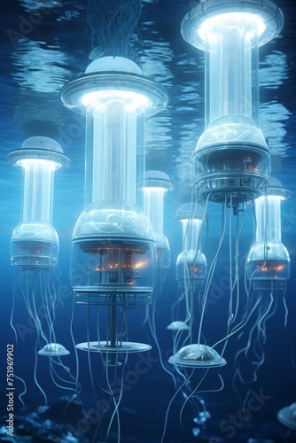 Neptunian water synthesizers on platforms in deep blue seas converting alien oceans into drinkable water for colonies photo