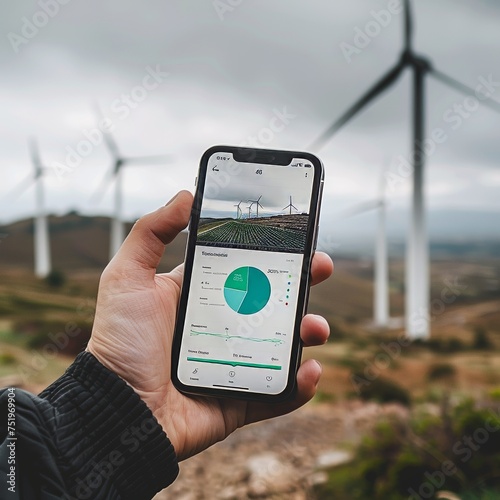Personal finance and sustainability blend in an app tracking green investments with a backdrop of renewable energy