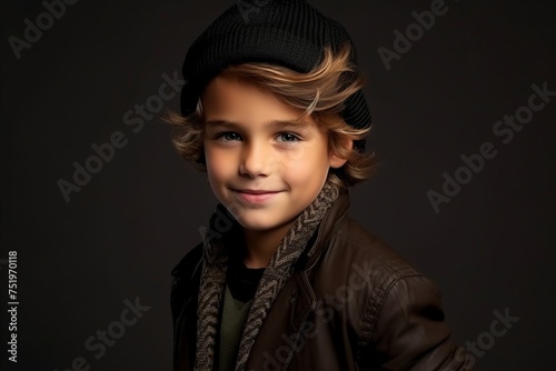 Portrait of a cute little boy in a brown jacket and a black hat © Iigo