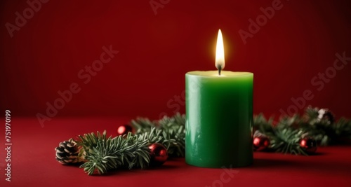  A single green candle, lit and casting a warm glow, surrounded by festive greenery and red ornaments