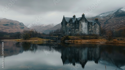 A tall gothic house at the lake shore with reflections in water