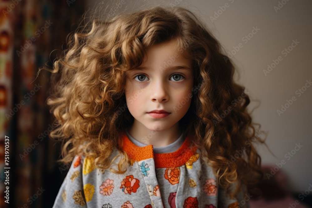Portrait of a beautiful little girl with curly hair in a room Portrait of a beautiful little girl with curly hair in a room