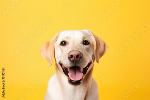 Portrait of a blonde Labrador retriever on a yellow background